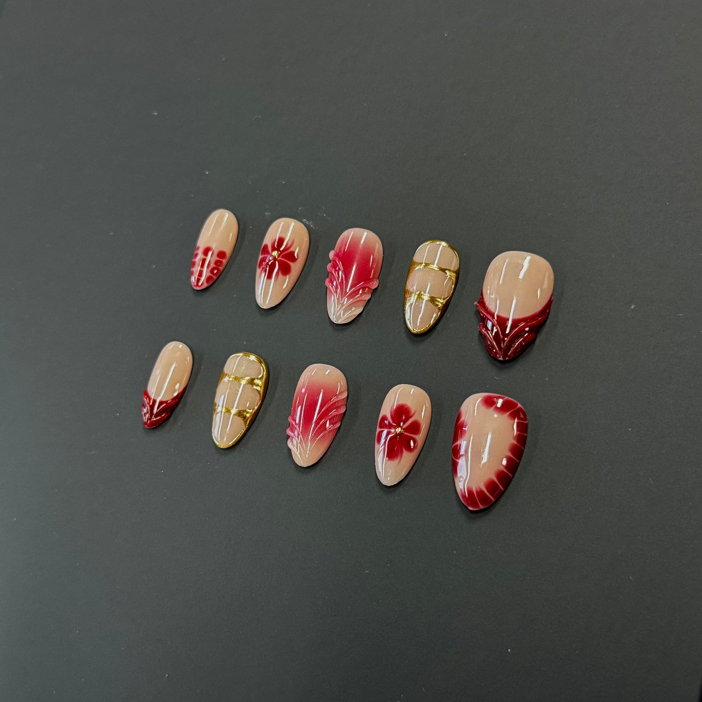 Burgundy Gold Floral Nails - Almond Press-On Nails with 3D Leaf Texture and Chrome Frame Details