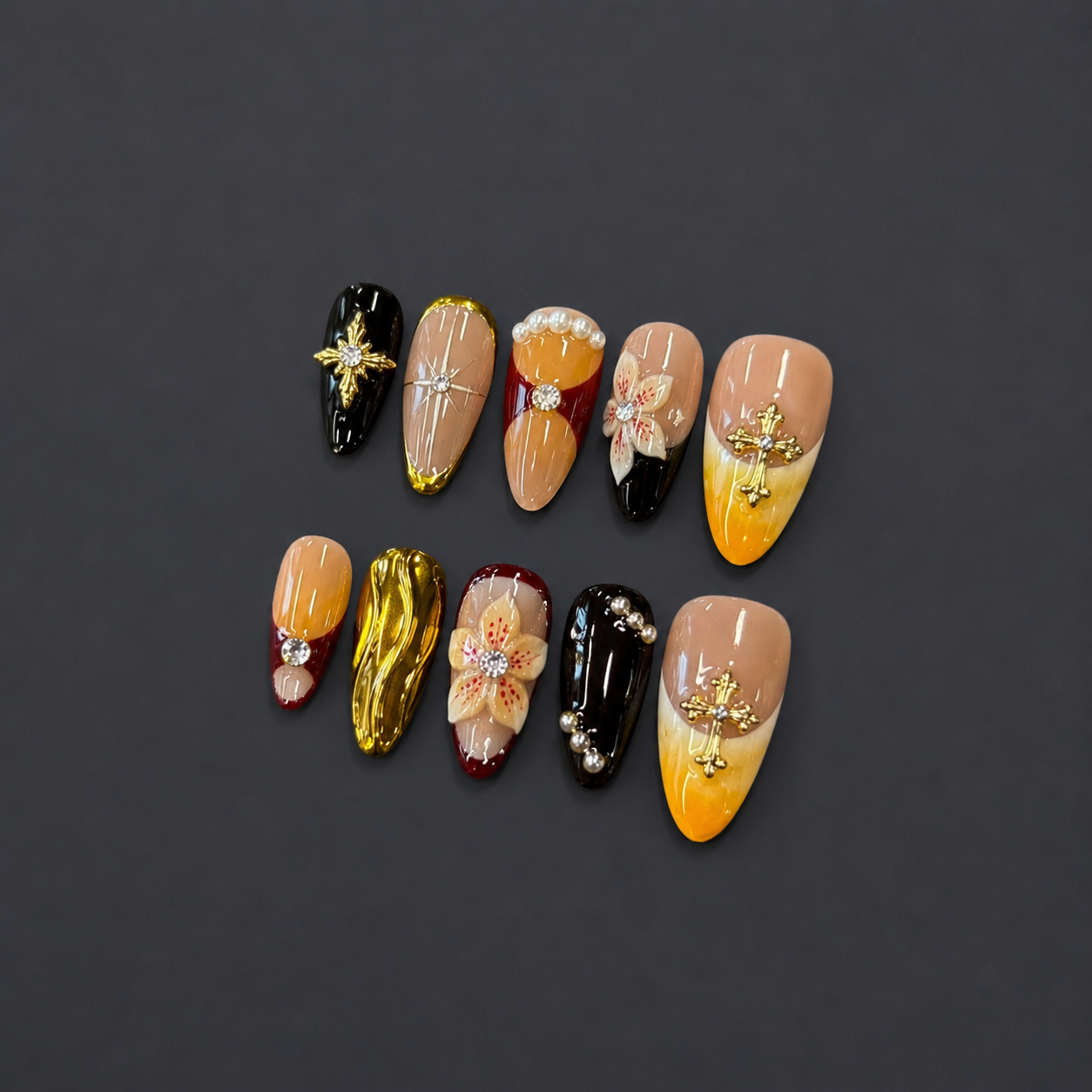 Vintage Cross Floral Nails | Almond Brown Gold Press-On Nails with Rhinestone, Pearl & 3D Flower Details