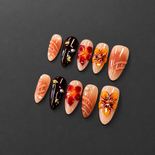 Coral Bloom – Coral Burgundy Floral Press-On Nails