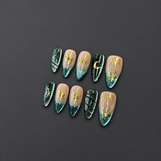 Solar Tide – Teal Gold Celestial Press-On Nails