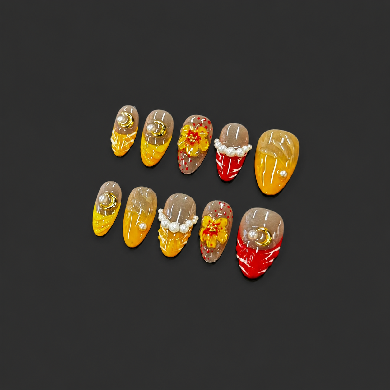 Sunset Flower Pearl Nails | Orange Red Almond Press-On Nails with Moon Charm & 3D Floral Details