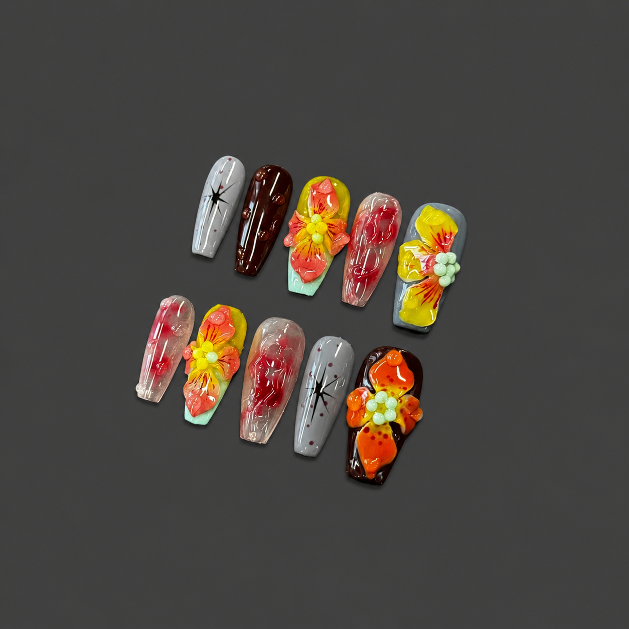 Tropical Bloom Jelly Nails | Long Coffin Press-On Nails with 3D Flower & Grey Star Details
