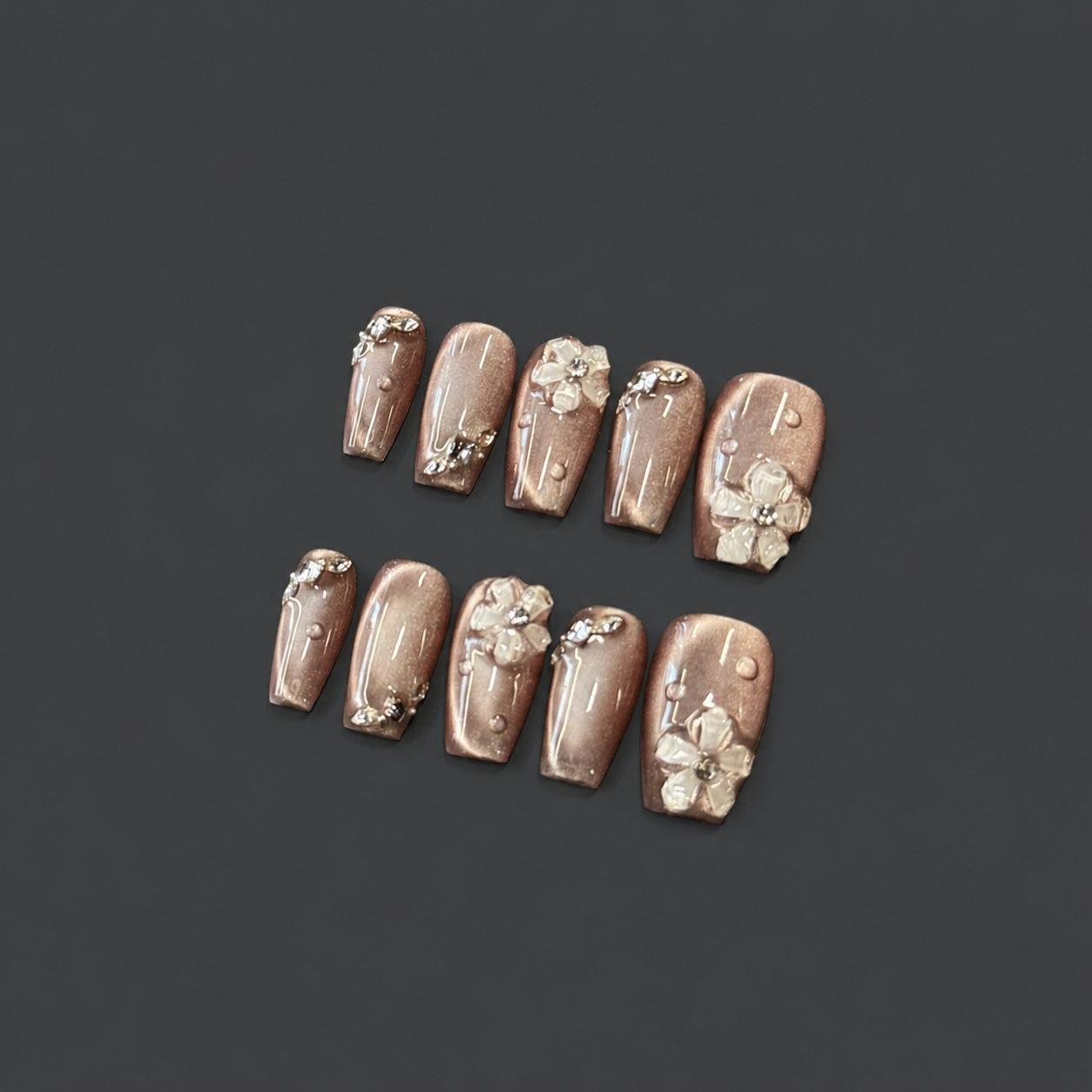 Blush Pearl Flower Nails | Pink Shimmer Press-On Nails with 3D Floral & Rhinestone Charms