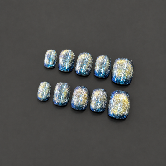 Midnight Sky – Blue Galaxy Cat Eye Press-On Nails