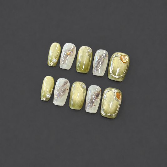 Pistachio – Sage Green Marble Pearl Press-On Nails