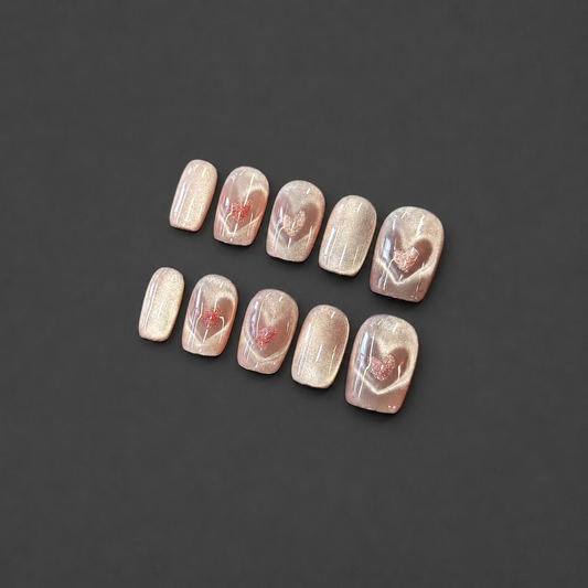 Sweet Heart – Blush Pink Heart Cat Eye Press-On Nails