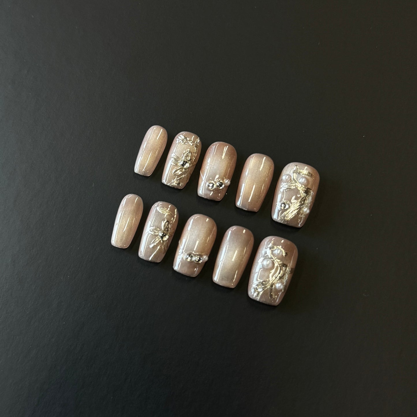 Rose Gold Pearl Vine Nails | Short Square Nude Pink Press-On Nails with Silver Floral Details