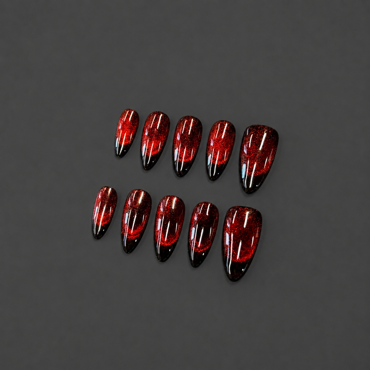 Ruby Black Cat Eye Nails - Long Almond Red Glitter Press-On Nails