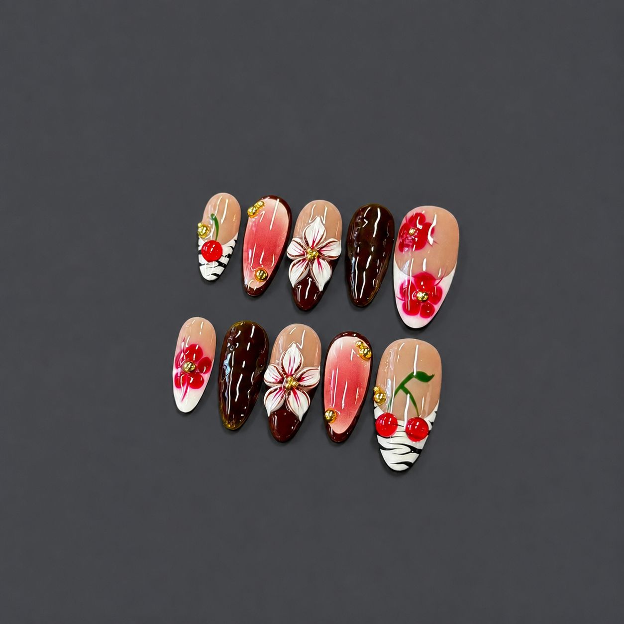 Cherry Leopard Floral Nails - Almond Press-On Nails with 3D Cherry, Pink Flowers and Gold Beads