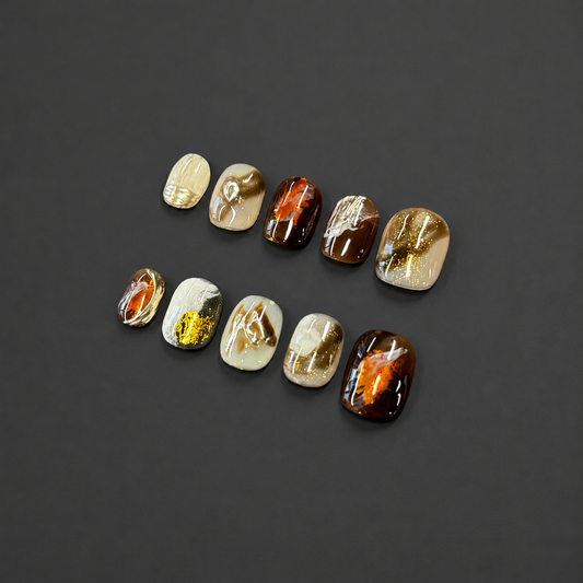 Mocha – Brown Marble Gold Foil Press-On Nails