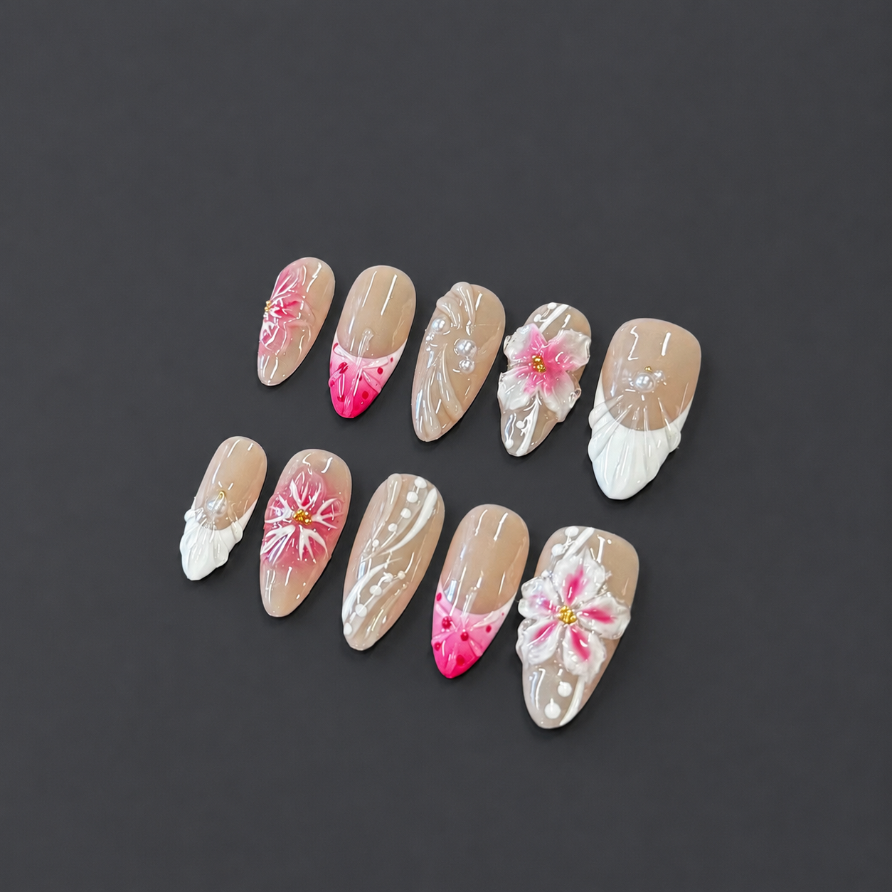 Nude Floral Press-On Nails with 3D Flower & Shell Tips