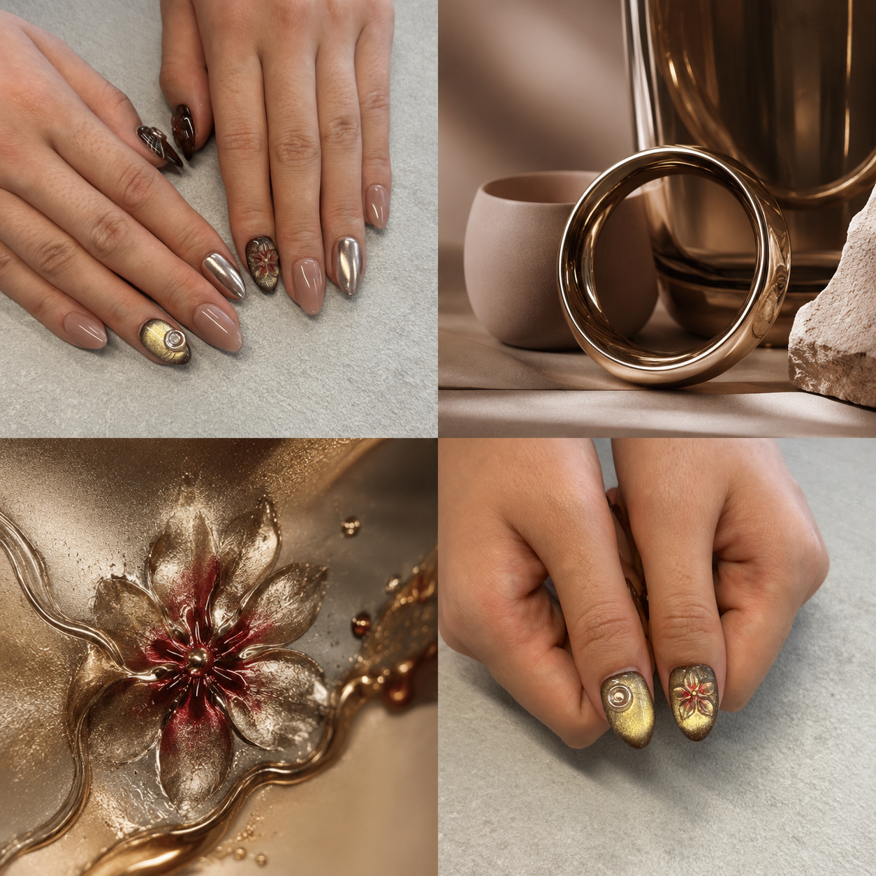 Bronze Gold Floral Chrome Nails | Almond Press-On Nails with Glitter, 3D Flower & Swirl Charm