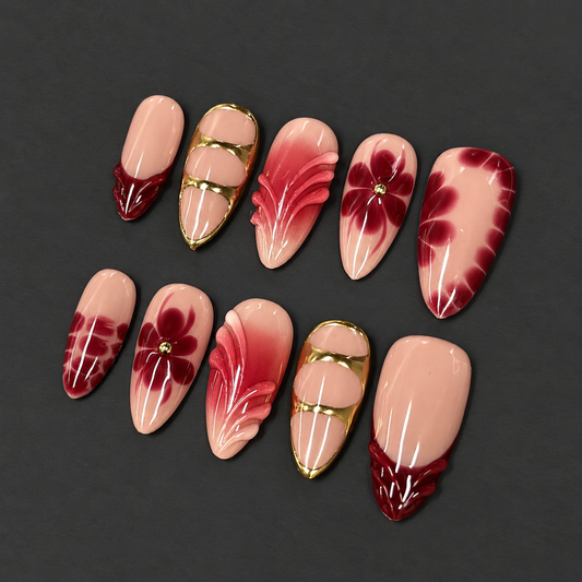 Ruby Petal Mid A– Ruby Red Floral Press-On Nails
