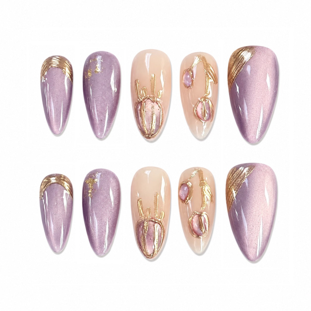 Lavender Gold Gemstone Nails - Long Almond Press-On Nails with Chrome Line Art and Crystal Details