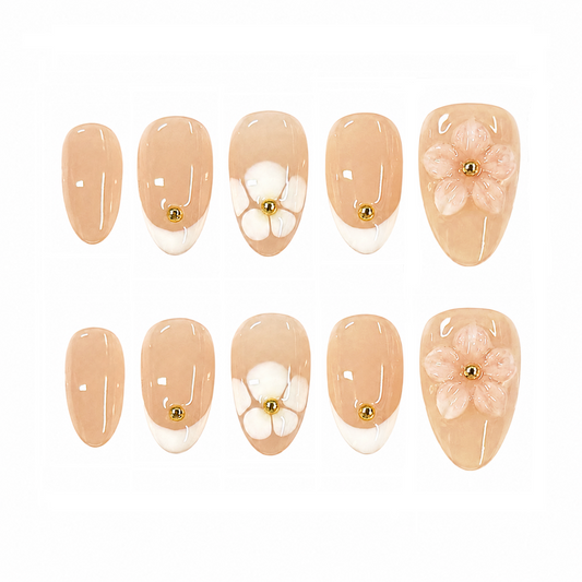 Nude White Floral Nails - Almond Press On Nails with 3D Flower and Gold Bead Details