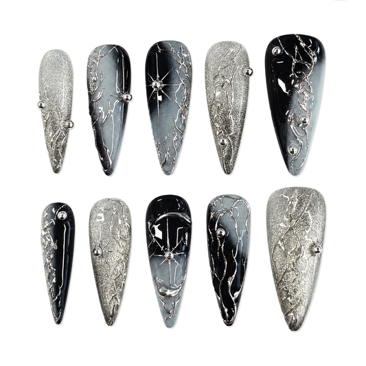 Midnight Silver-Gray Embossed Starburst Stiletto Press-On Nails