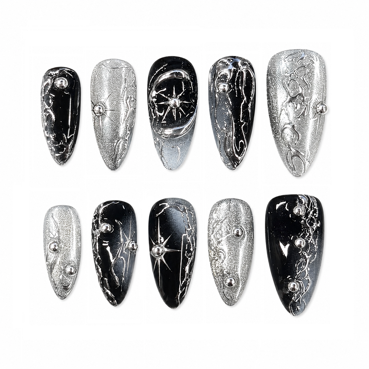 Black Silver Galaxy Nails - Long Almond Press-On Nails with Chrome Line Art and Rhinestone Details