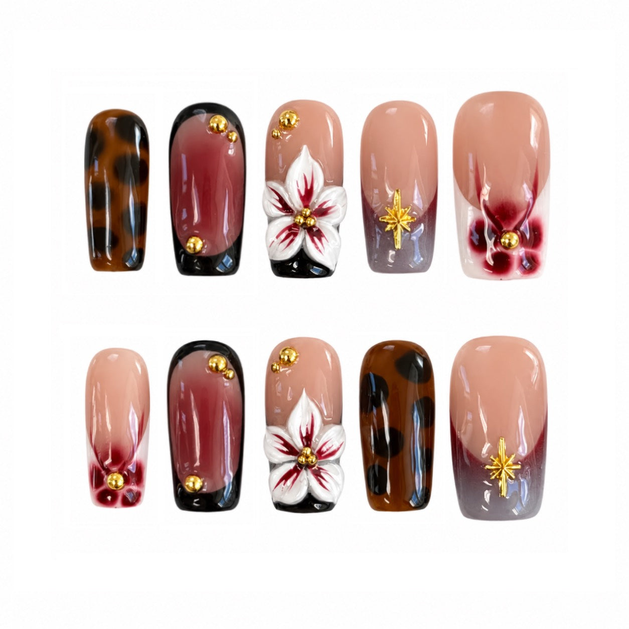 Tortoise Floral Star Nails - Short Square Press-On Nails with 3D Flower and Gold Charm Details