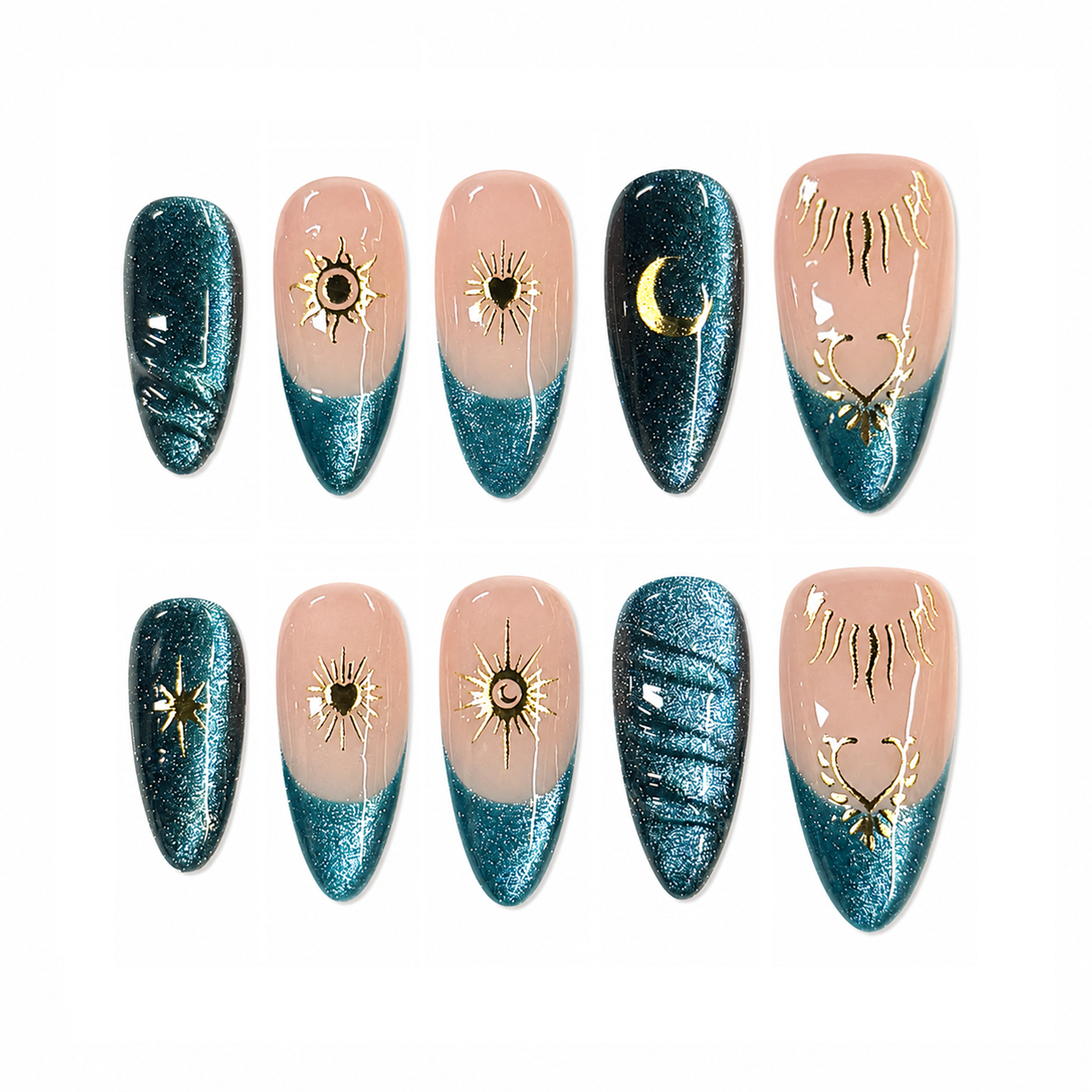 Teal Celestial Cat Eye Nails - Long Almond Press On Nails with Gold Sun, Moon and Star Details