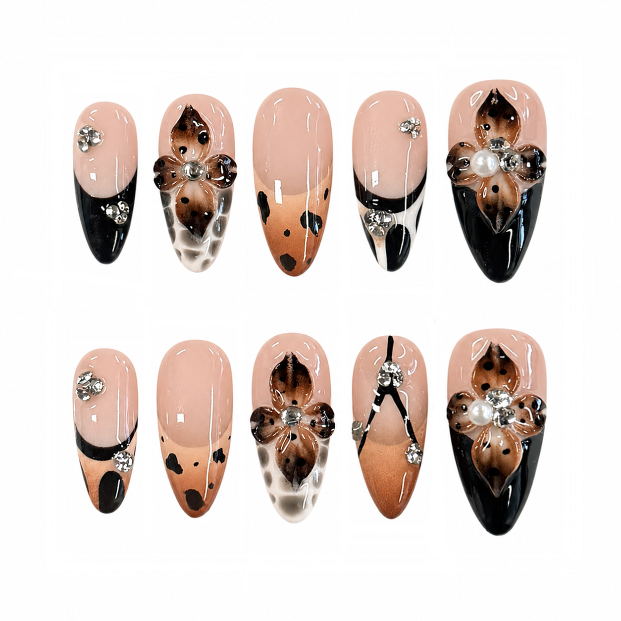 Leopard Flower French Nails - Almond Press On Nails with Black Tips, 3D Floral and Rhinestone Details