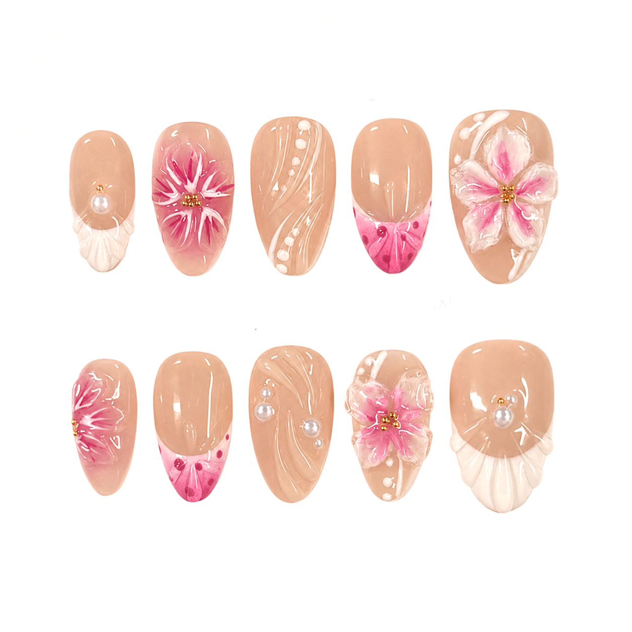Pink Blossom Pearl Nails - Nude Floral Press-On Nails with 3D Flower and Shell Tips