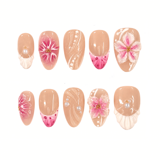 Pink Blossom Pearl Nails - Nude Floral Press-On Nails with 3D Flower and Shell Tips