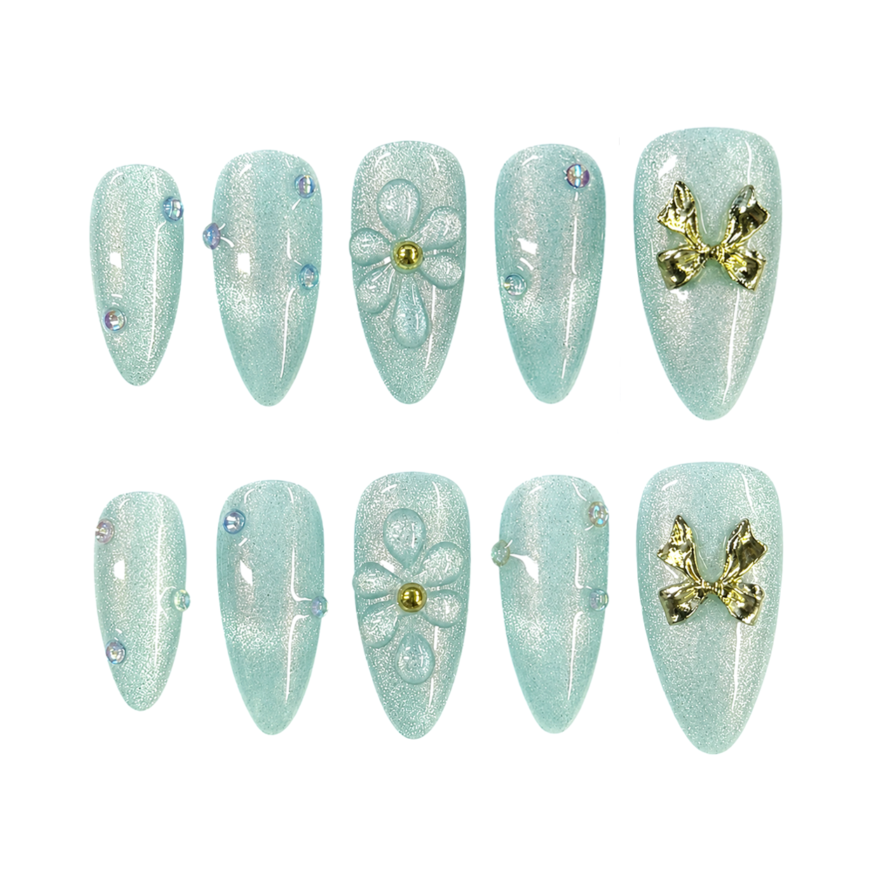 Aqua Bow Flower Nails - Long Almond Press-On Nails with 3D Floral, Gold Bow and Rhinestone Details