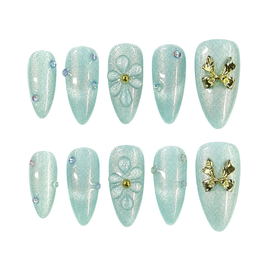 Aqua Bow Flower Nails - Long Almond Press-On Nails with 3D Floral, Gold Bow and Rhinestone Details
