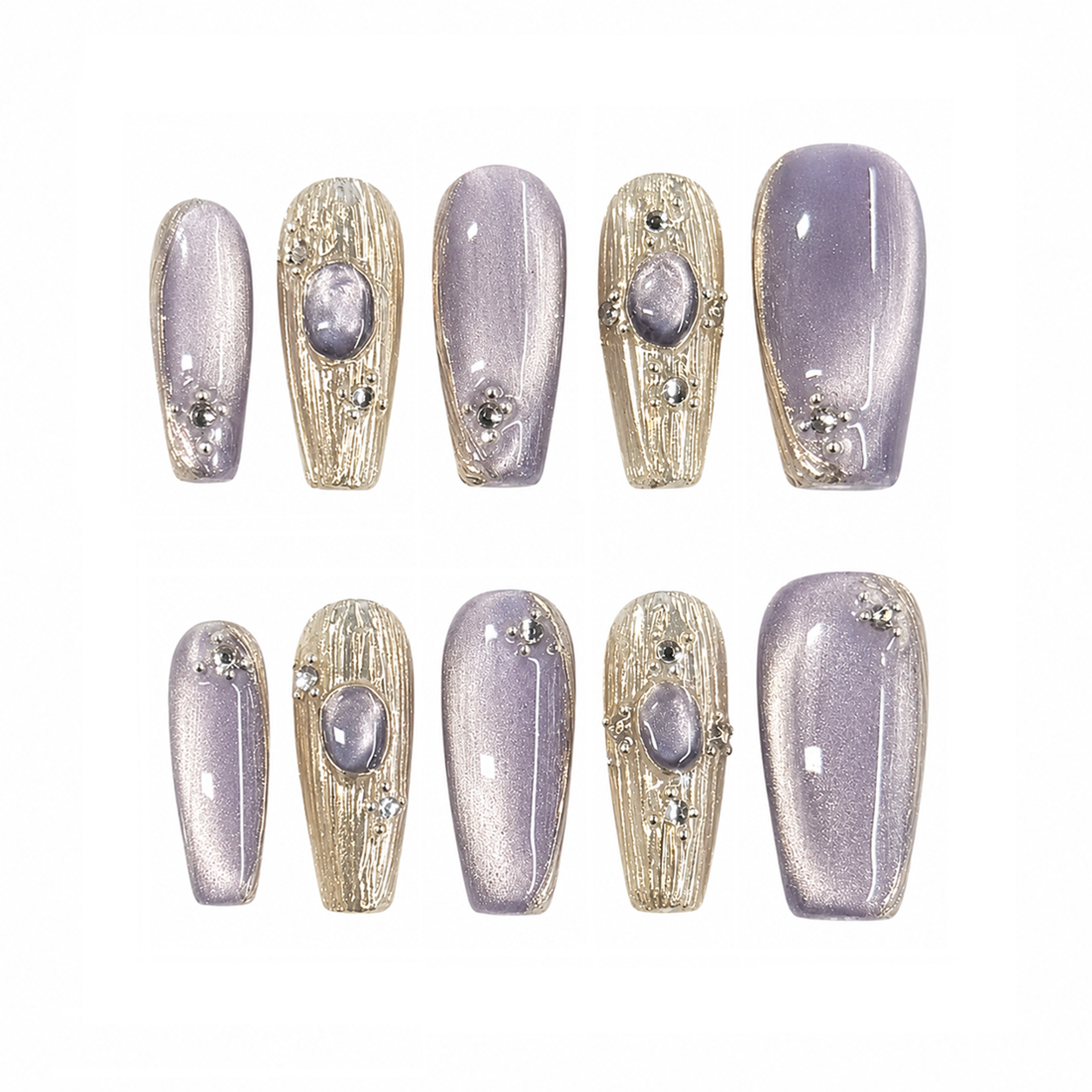 Lavender Gold Gemstone Nails - Long Coffin Press-On Nails with Cat Eye Shimmer and Rhinestone Details
