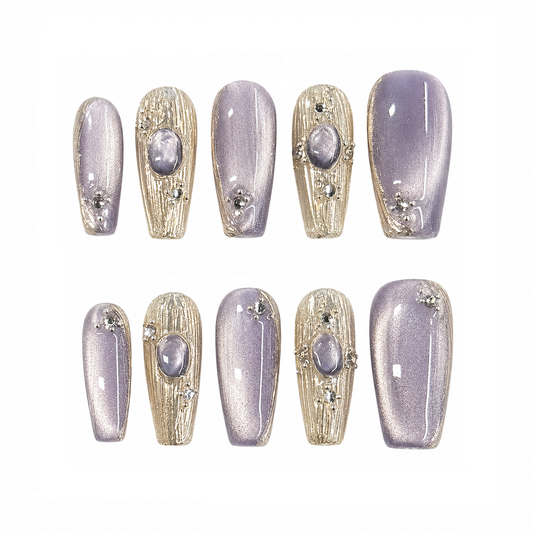 Lavender Gold Gemstone Nails - Long Coffin Press-On Nails with Cat Eye Shimmer and Rhinestone Details