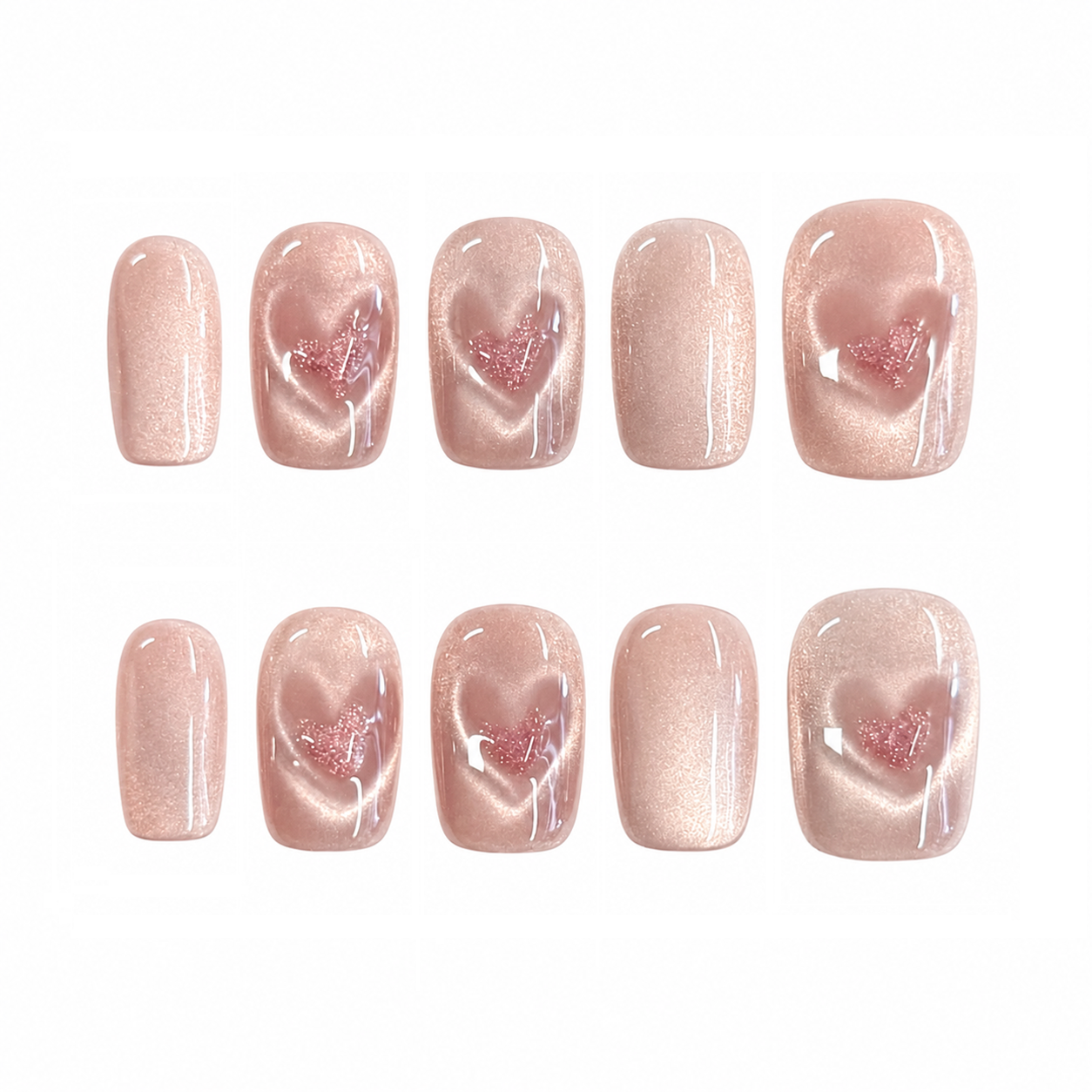Blush Heart Cat Eye Nails - Short Square Pink Press-On Nails with 3D Heart Details