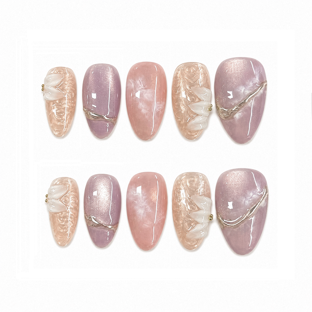 Blush Lavender Shell Nails - Almond Press-On Nails with 3D Petal Texture and Silver Line Details