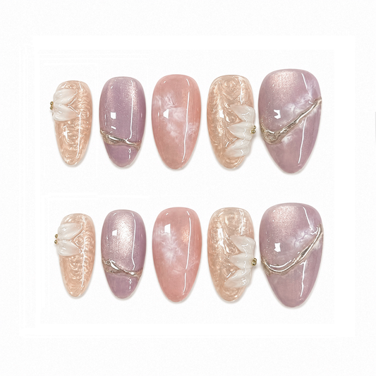 Blush Lavender Shell Nails - Almond Press-On Nails with 3D Petal Texture and Silver Line Details