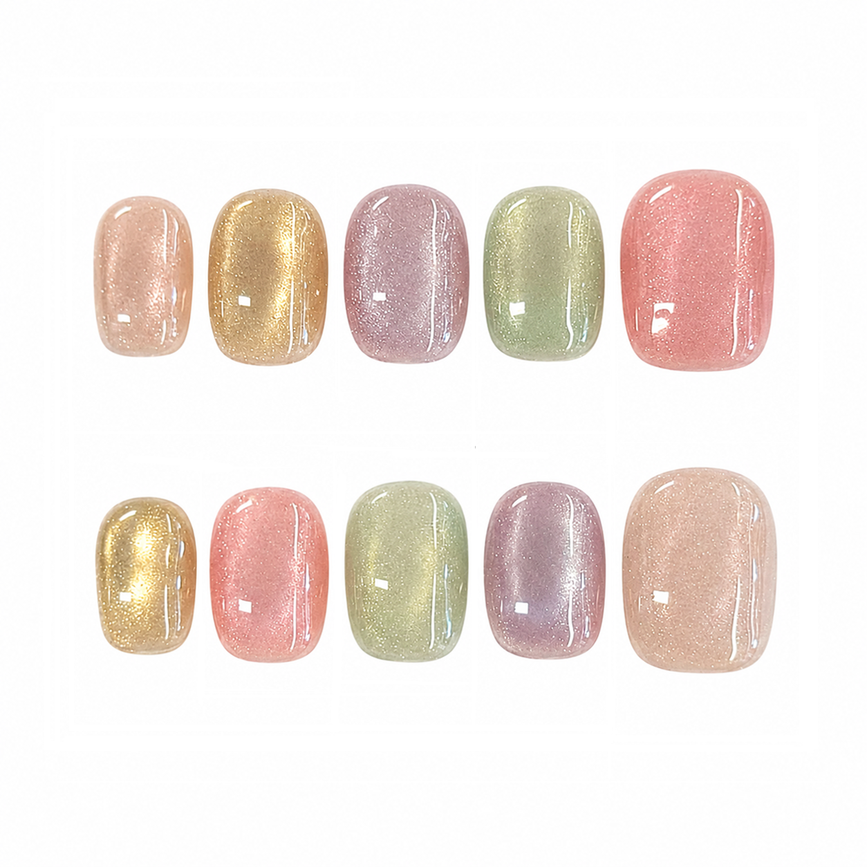 Pastel Rainbow Glitter Nails - Short Square Cat Eye Press-On Nails