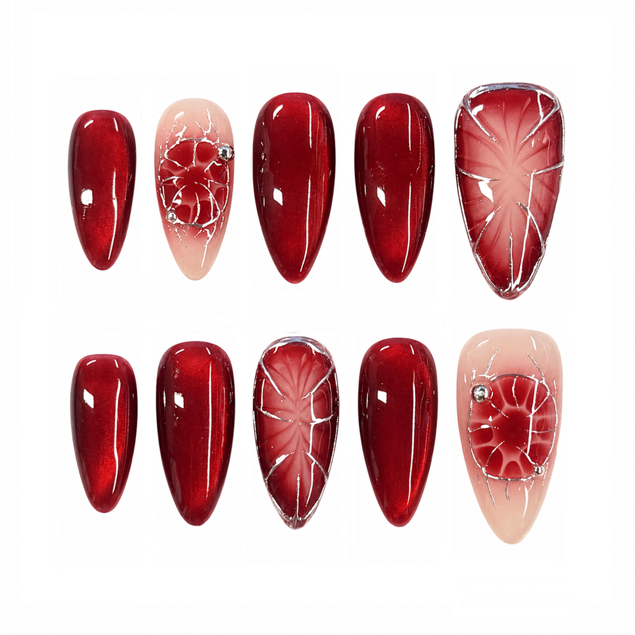 Ruby Red Floral Cat Eye Nails - Almond Press-On Nails with Silver Line Art and Rhinestone Details