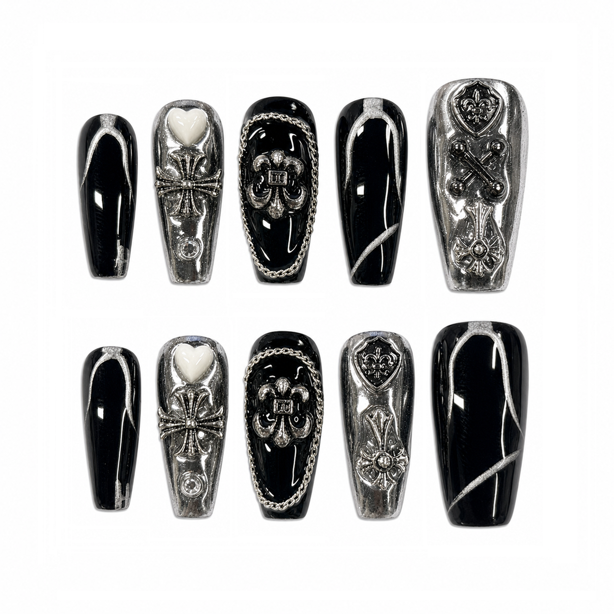Black Silver Gothic Nails - Long Coffin Press-On Nails with Chrome Cross, Heart and Chain Details