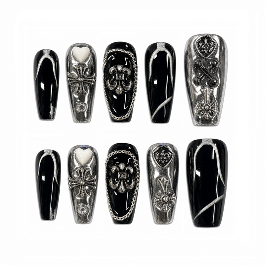 Black Silver Gothic Nails - Long Coffin Press-On Nails with Chrome Cross, Heart and Chain Details