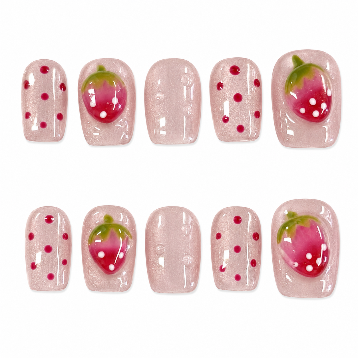 Pink Strawberry Jelly Nails | Short Square Press-On Nails with 3D Berry & Polka Dot Details