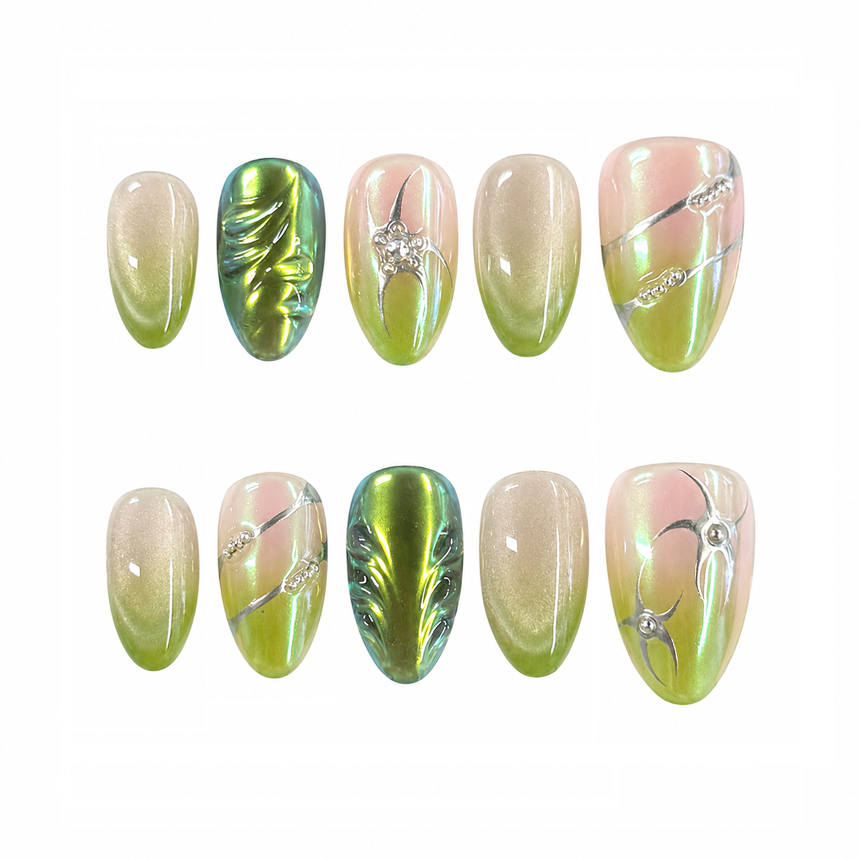 Lime Aura Chrome Nails - Almond Press-On Nails with Silver Star and Green Cat Eye Details