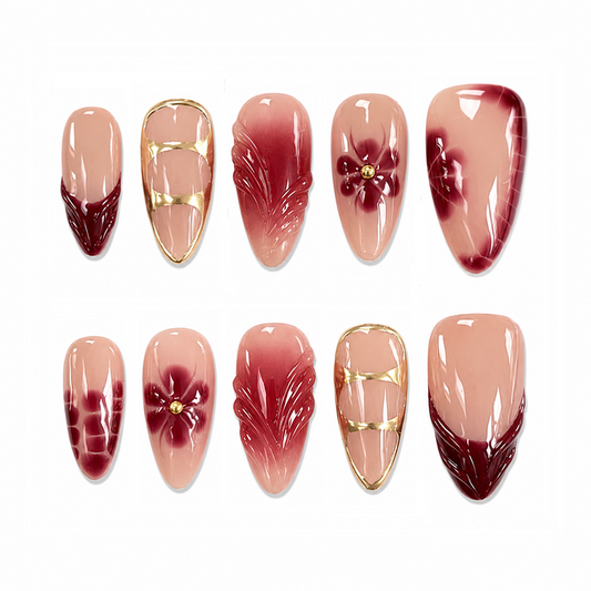 Burgundy Bloom Nails, Red Flower Nails, Handmade Press-on Nails, Fake nails