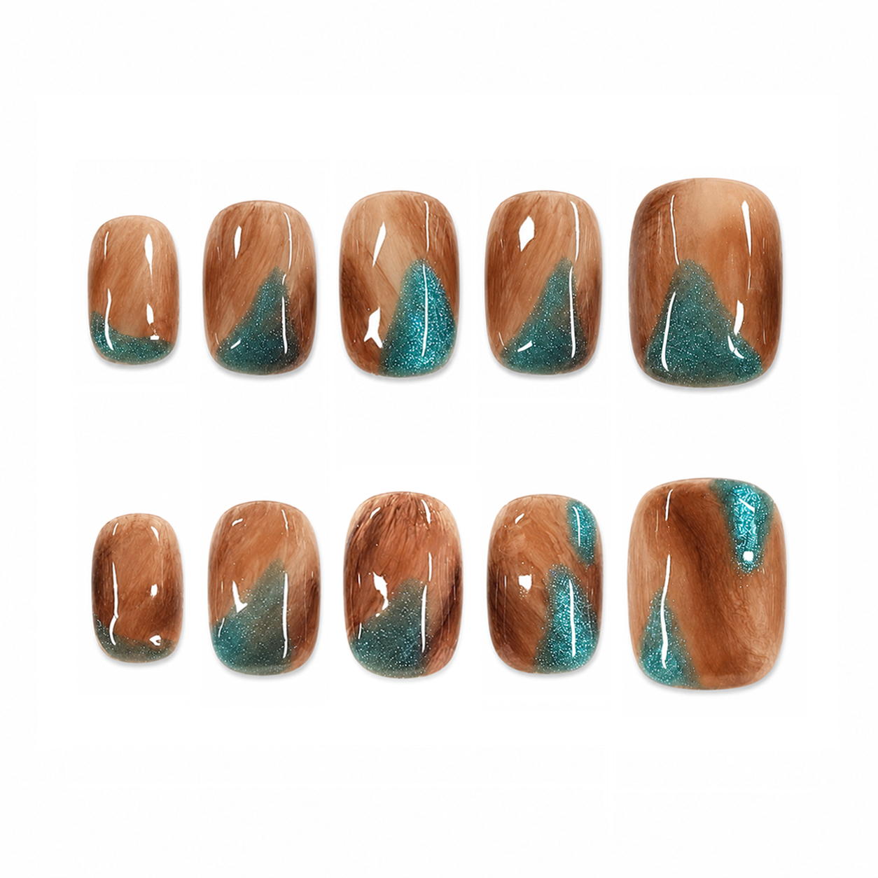 Woodland Teal Marble Nails - Short Square Brown Press-On Nails with Green Glitter Stone Details