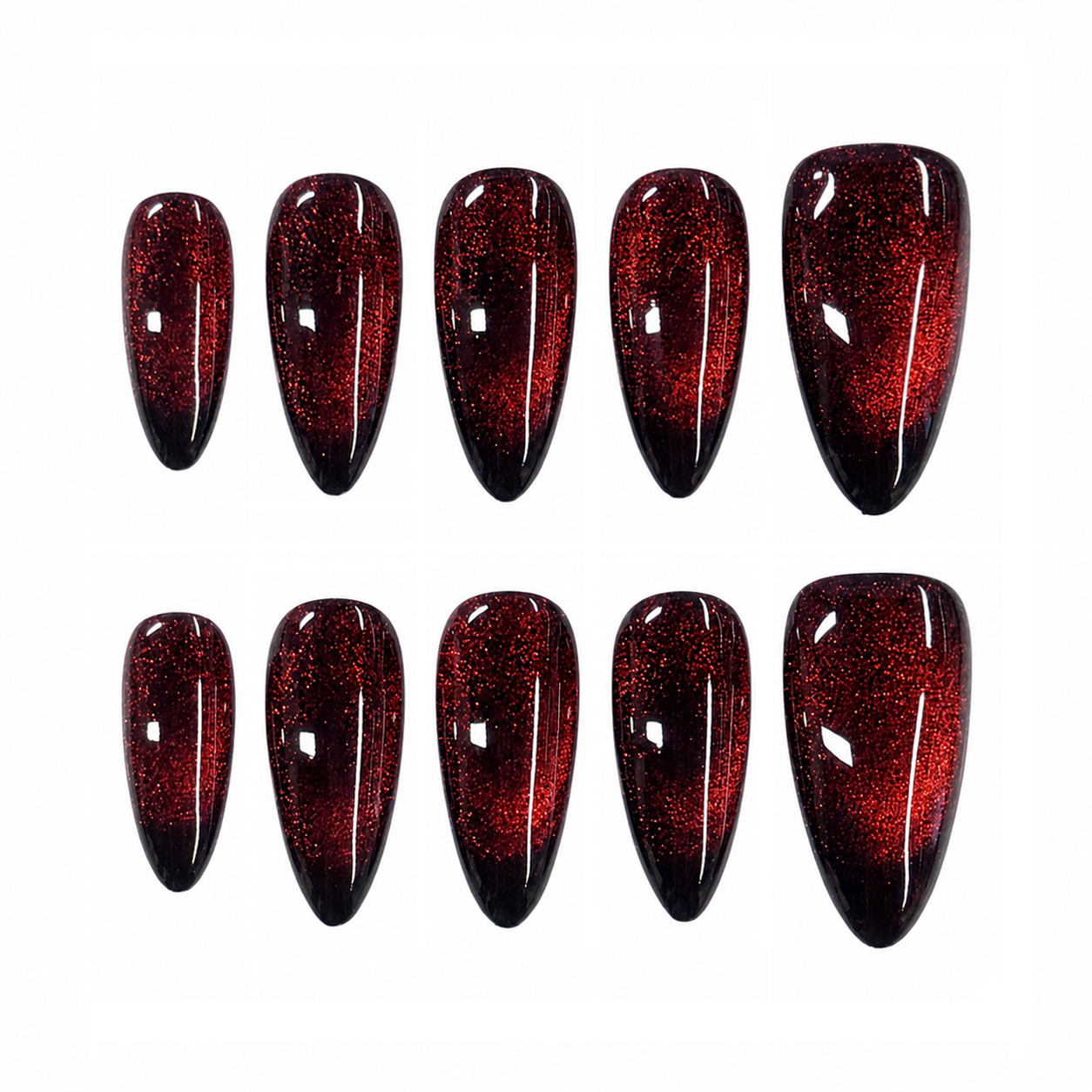 Ruby Black Cat Eye Nails - Long Almond Red Glitter Press-On Nails