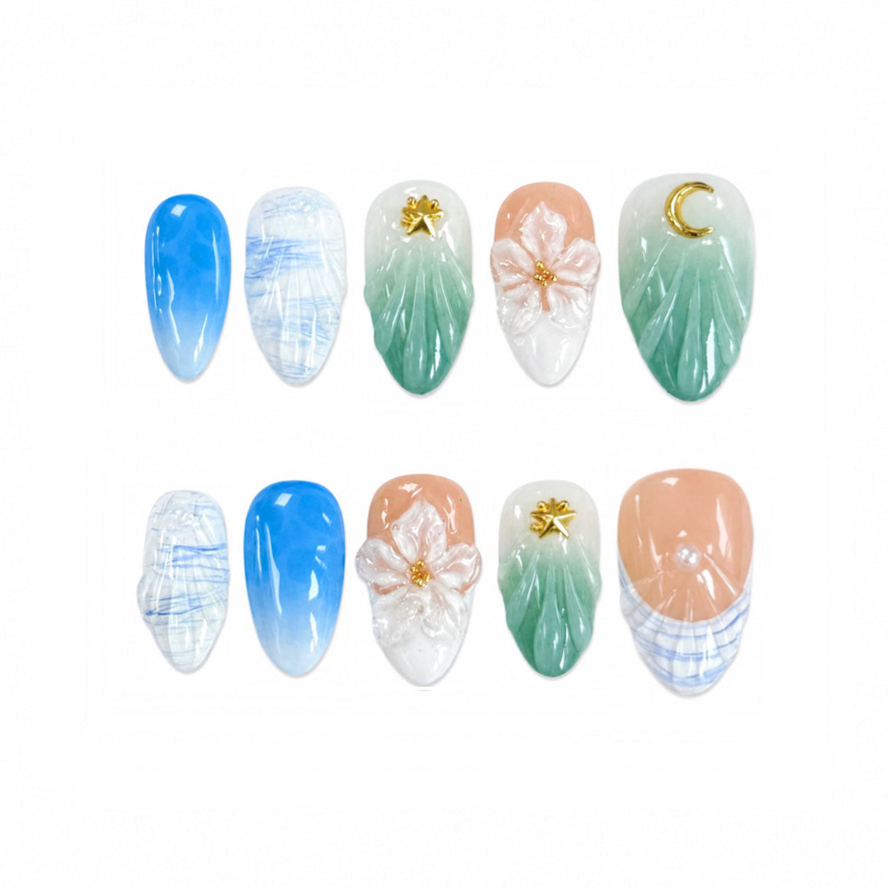 Ocean Bloom Mermaid Nails - Almond Press-On Nails with Shell Texture, 3D Flower and Gold Charms