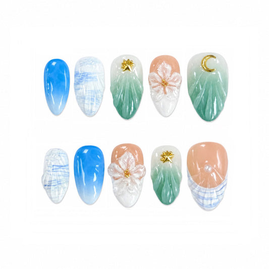 Ocean Bloom Mermaid Nails - Almond Press-On Nails with Shell Texture, 3D Flower and Gold Charms