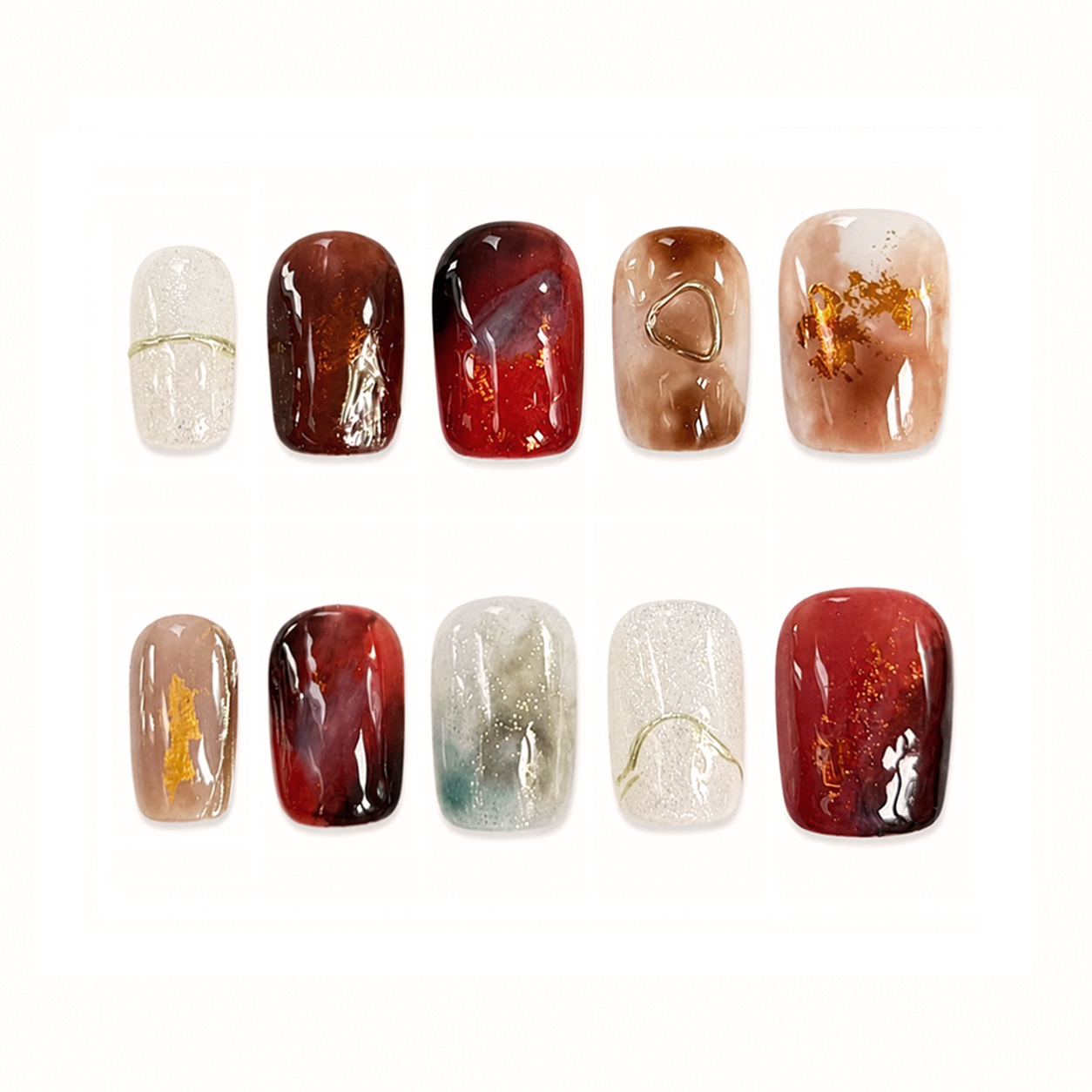 Ruby Mocha Marble Nails | Short Square Press-On Nails with Gold Foil & Abstract Stone Details
