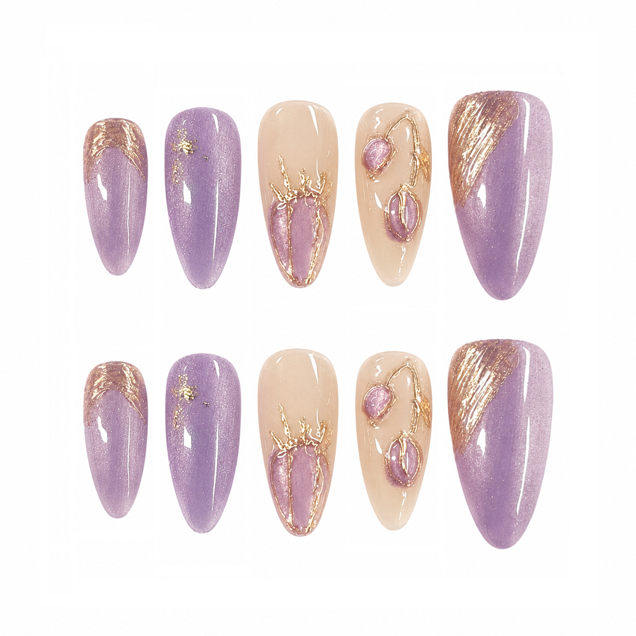 Lavender Gold Gemstone Nails - Long Almond Press-On Nails with Chrome Line Art and Crystal Details