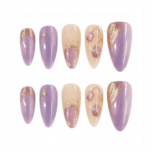 Lavender Gold Gemstone Nails - Long Almond Press-On Nails with Chrome Line Art and Crystal Details