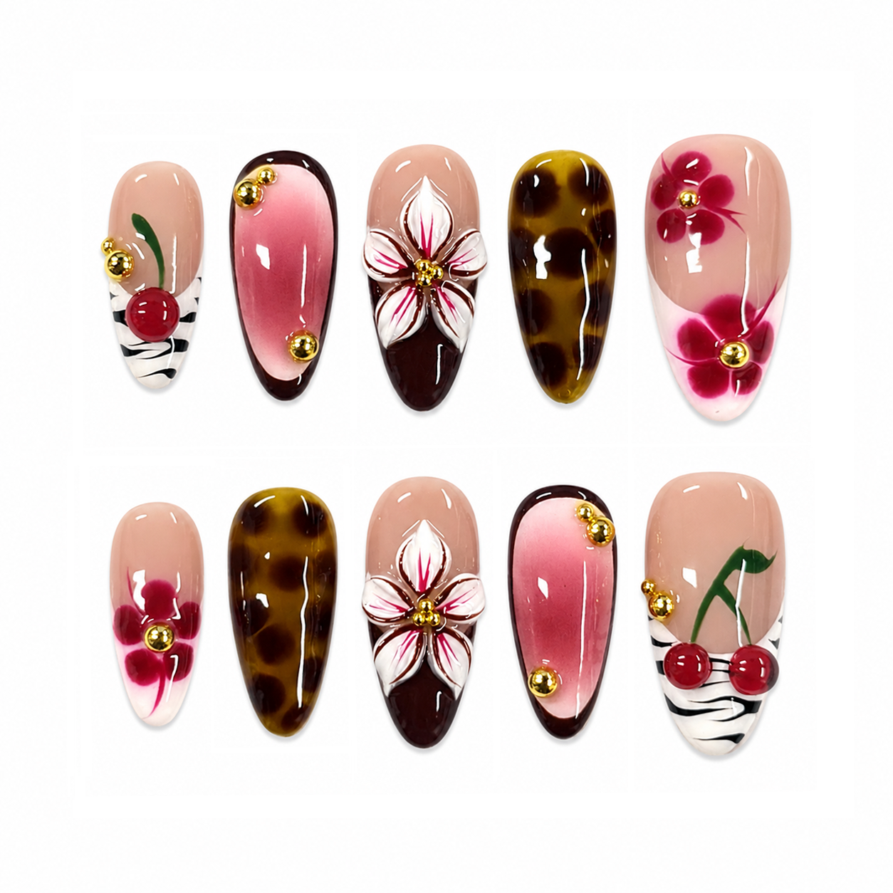 Cherry Leopard Floral Nails - Almond Press-On Nails with 3D Cherry, Pink Flowers and Gold Beads