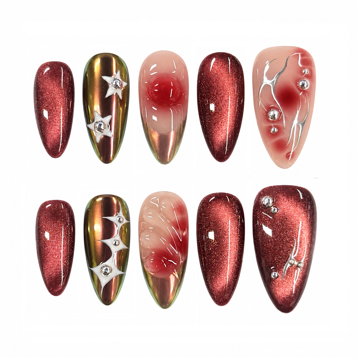 Ruby Chrome Star Nails - Almond Press-On Nails with Red Cat Eye, Silver Stars and Rhinestone Details