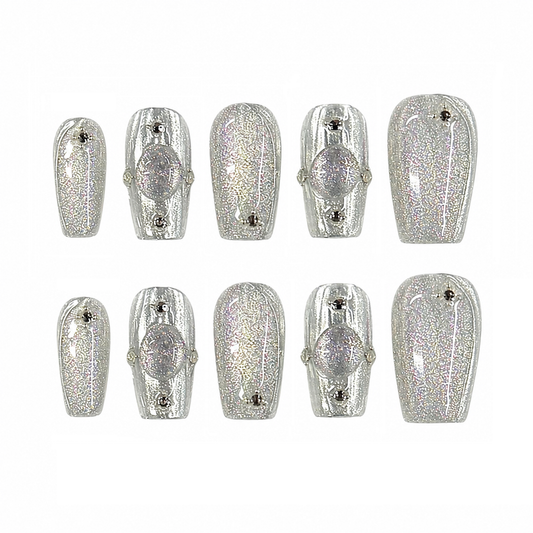 Ice King – Silver Chrome Gem Press-On Nails